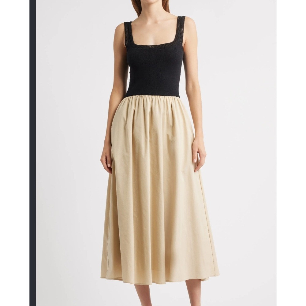 NWT Moon River Mixed Media Square Neck Midi Dress Cotton Blend Size M Tan Black